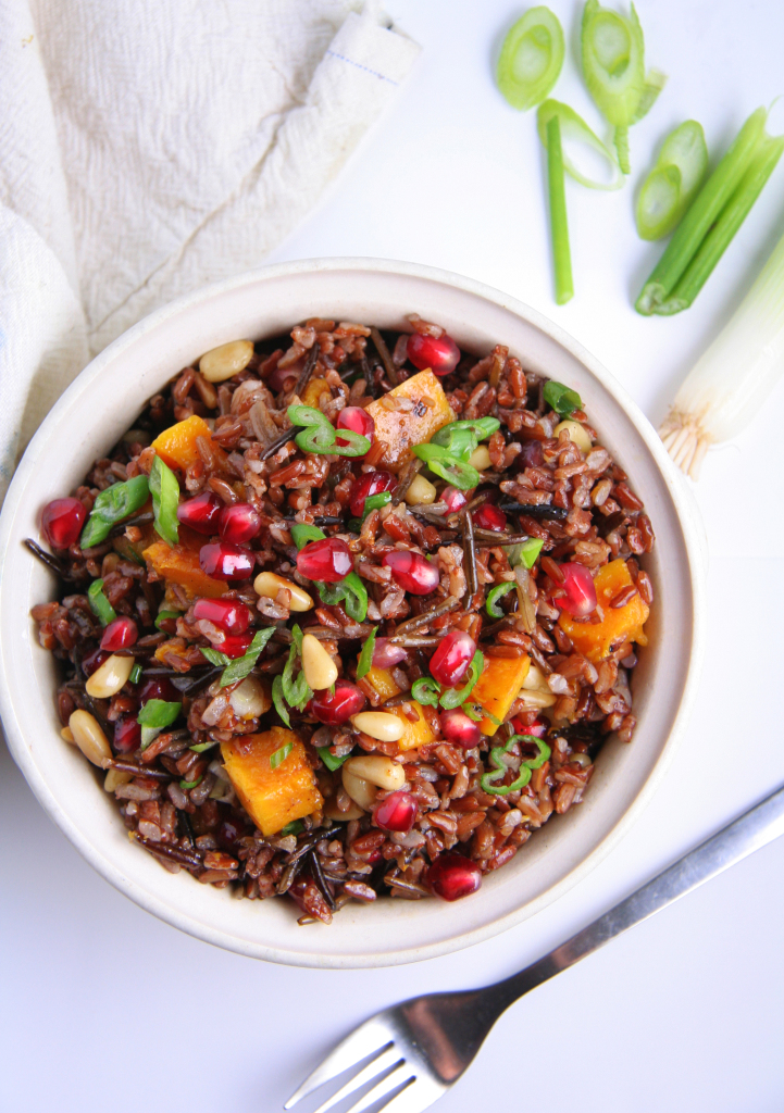 Warm Wild Rice Salad with Pomegranate, Roasted Squash & Pine Nuts