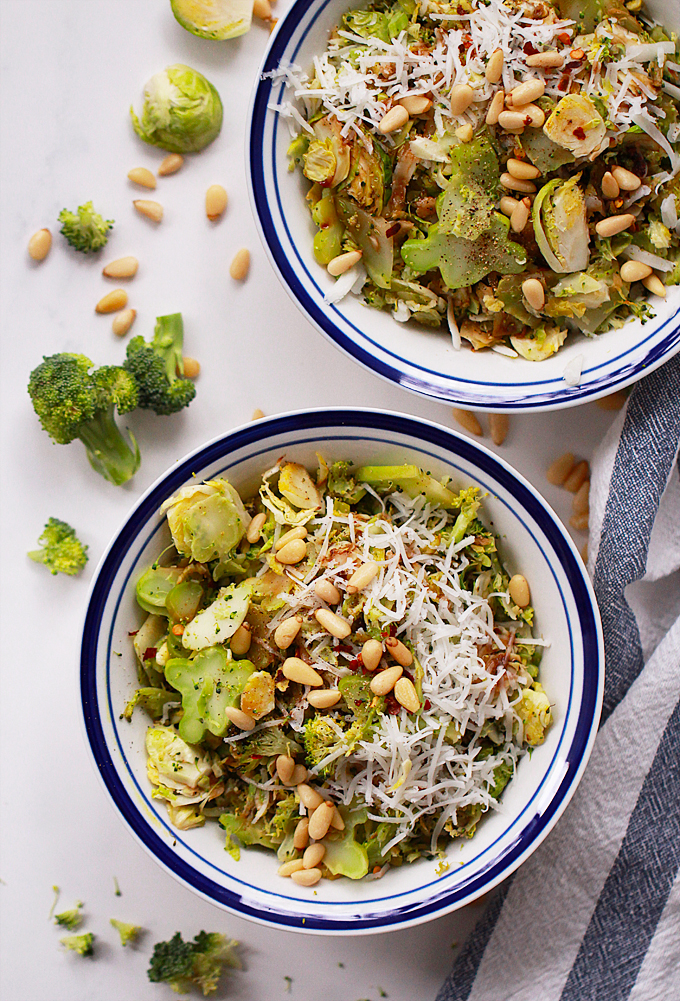 Brussels Sprout & Broccoli Salad with Goat Cheese & Pine Nuts